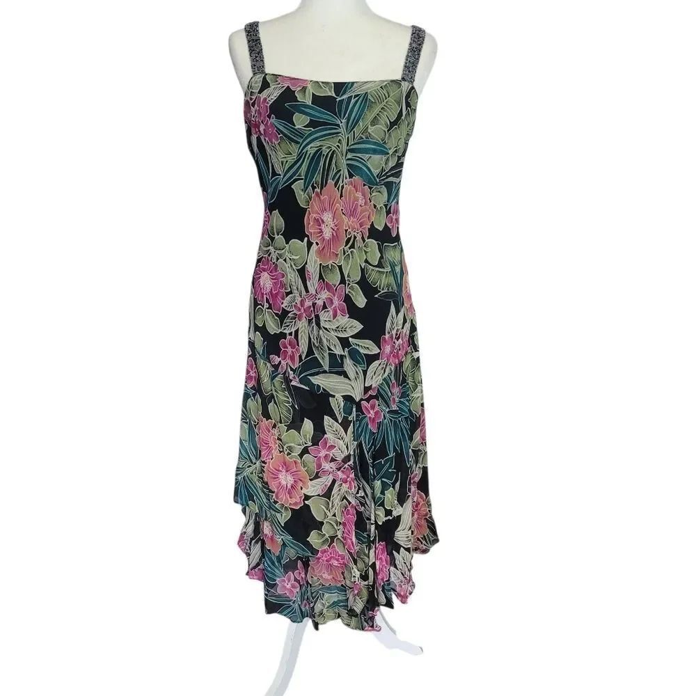 Bella Blue Vintage 90s Tropical Floral Rayon Maxi Dress Beaded Y2K Size 12
